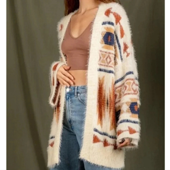 New! Boho Aztec Cozy Cream Cardigan Sweater - Picture 4 of 7